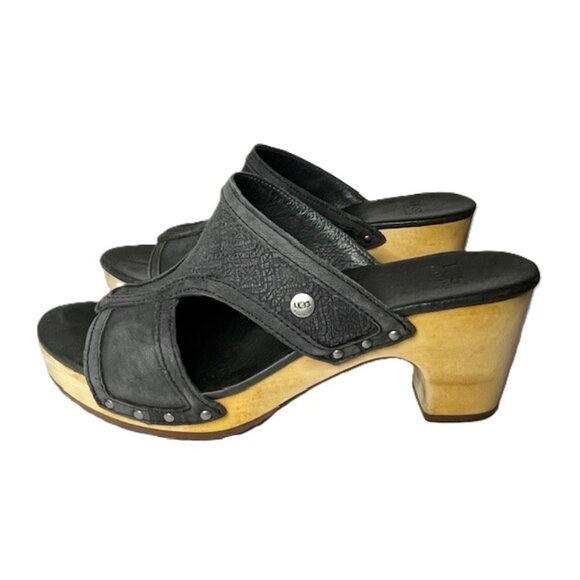 UGG Issa Mosaic Leather Wooden Clogs Blue Size 7 - Picture 4 of 14